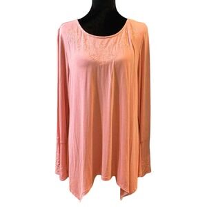 NEW Adrianna Papell Bell Sleeve Embroidered Top Pink Rose Asymmetrical Hem Large